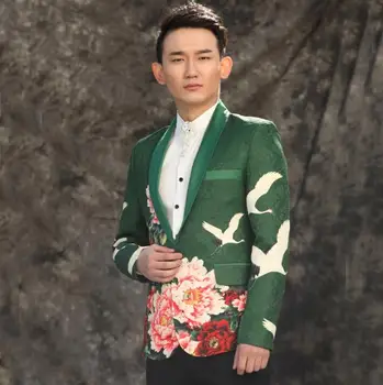 

men suits designs peony flowers homme terno stage costumes for singers men blazer dance clothes jacket formal dress punk green