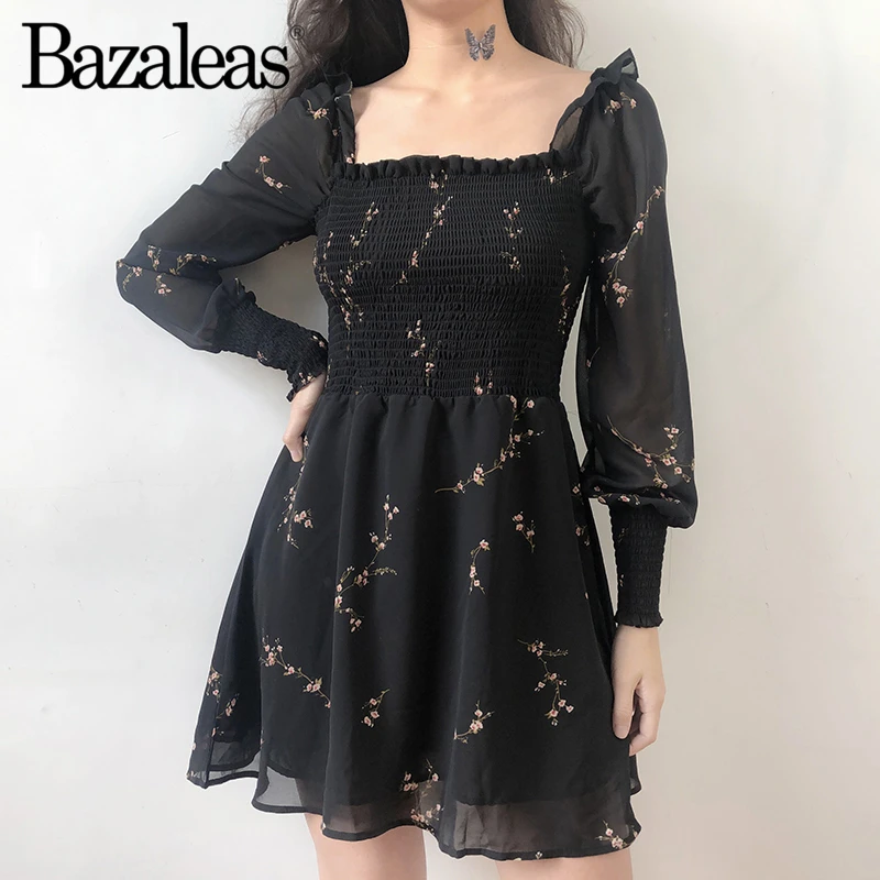 

Bazaleas 2019 Vintage Square Collar Women Elastic Waist dress Fashion Black Slim women dress Floral Print Casual vestido
