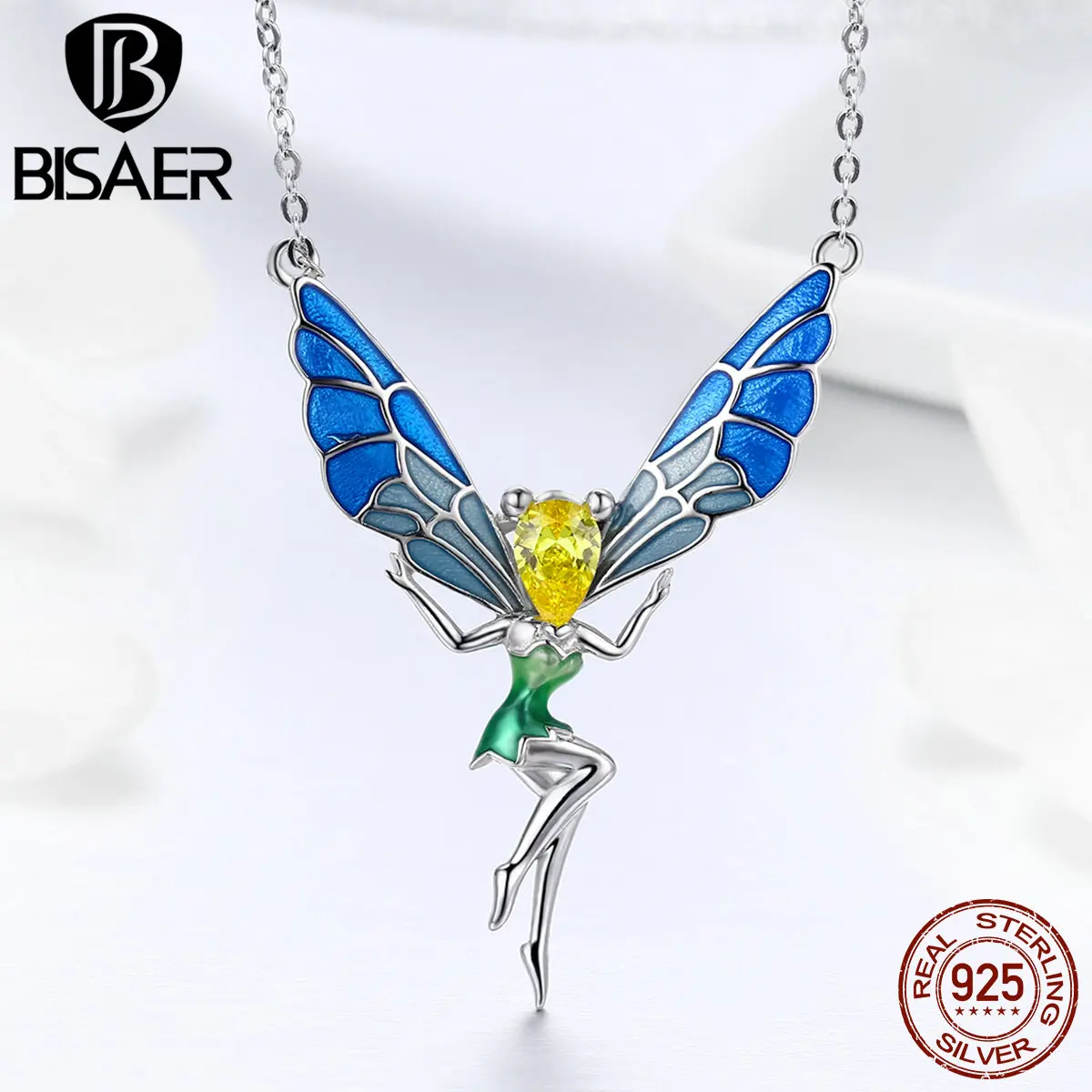 BISAER, 925 пробы, серебряная эмаль, Летающая бабочка, фея, подвеска и ожерелье, серебряная цепочка, звено, ожерелье для женщин, подарок, GXN253