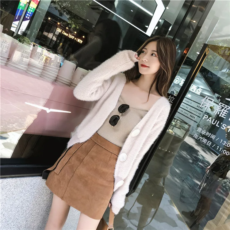 DANJEANER Korean Style Women Solid Mohair Short Cardigan Autumn Winter Warm Fashion V Neck Knitted Sweaters Pull Femmee Jackets