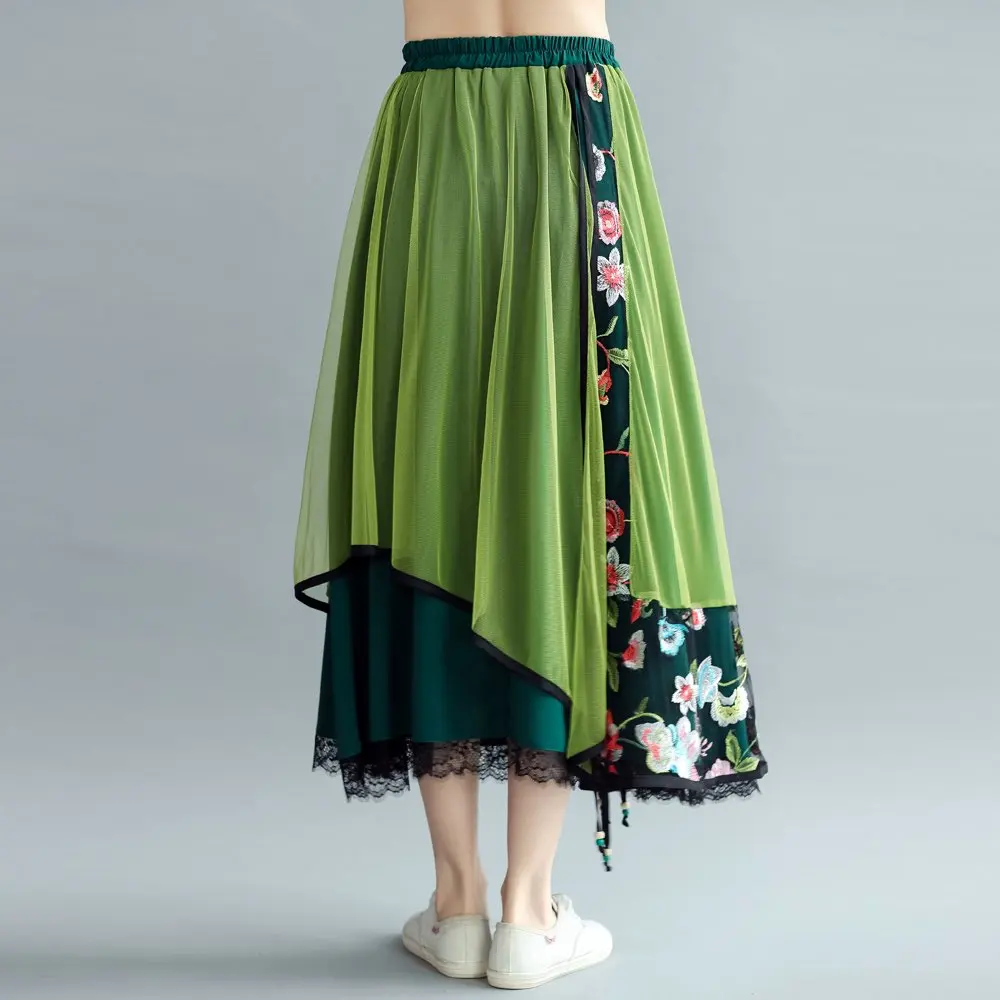 Зеленый Faldas mujer moda, Женская длинная юбка в богемном стиле, Женская этническая винтажная длинная юбка в богемном стиле, зеленая Лоскутная юбка - Цвет: Зеленый