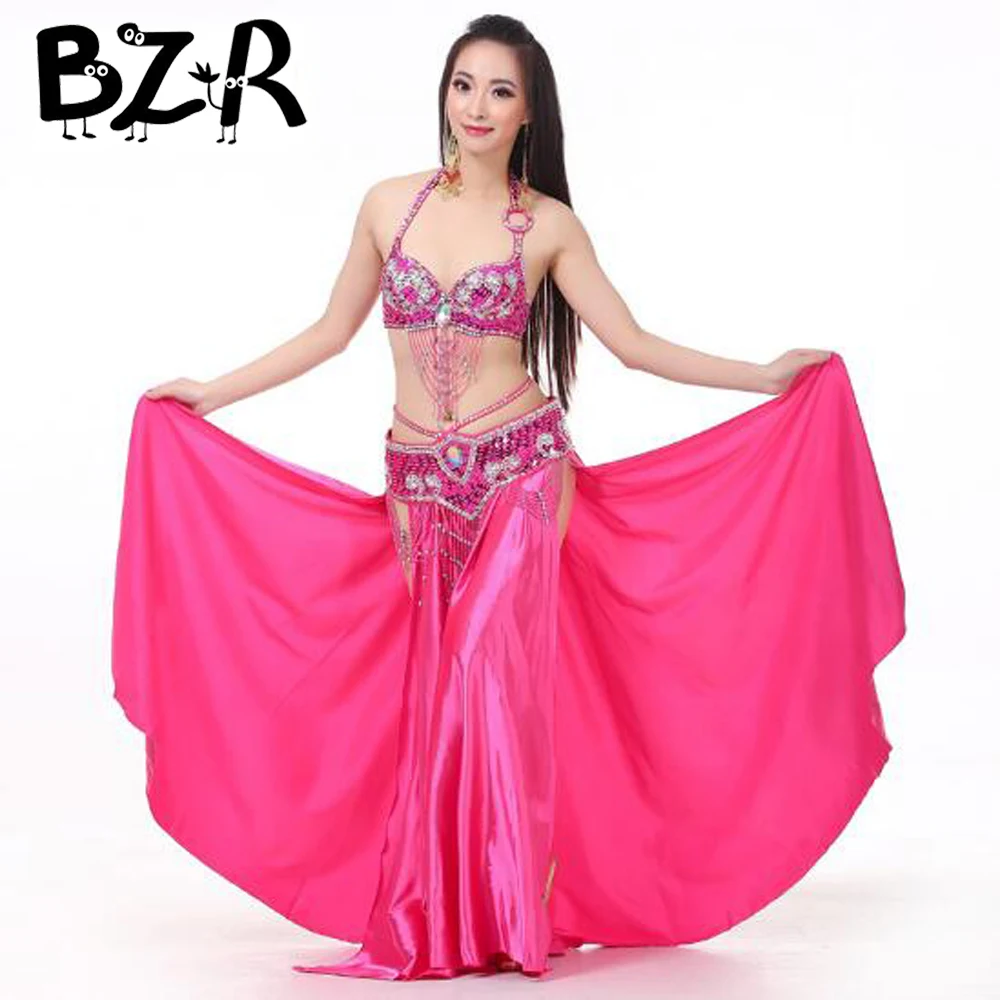Women Belly Dance Skirt 16 Colors Side Split Shining Satin Long Skirts