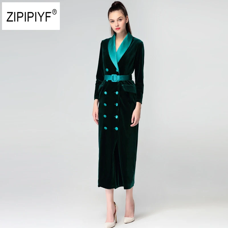 

New 2018 Autumn Runway Designer Women Vintage Double Breasted Wrap Notched Velvet Dress Warm Elegant Sashes Slim Long Dress B389