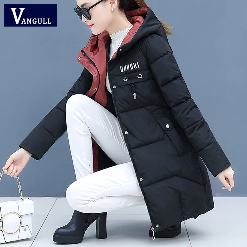 Koop Vangull Winter Vrouwen Parka Casual Lange Mouwen Hooded Jassen 2019 Herfst Warm Brief Print Lange Vrouwelijke Jassen Rits Bovenkleding