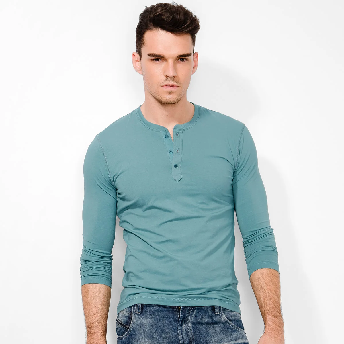 Slim-fit Генри воротник-Футболка с рукавами Для мужчин весна одноцветное Цвет дна рубашки белого цвета; футболка с круглым вырезом - Цвет: Cyan blue