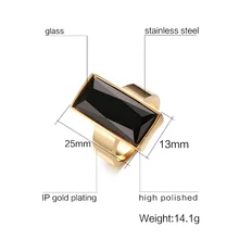 Bagues pour femmes en acier inoxydable couleur or bague rectangulaire en verre noir cristal pour femmes bijoux à la mode, cadeau meilleur ami