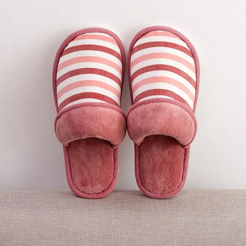 

Autumn Winter Cotton Tow New Couple Fashion Striped Home Warm Men Slippers Indoor Comfortable Non-slip Women Casual Slippers