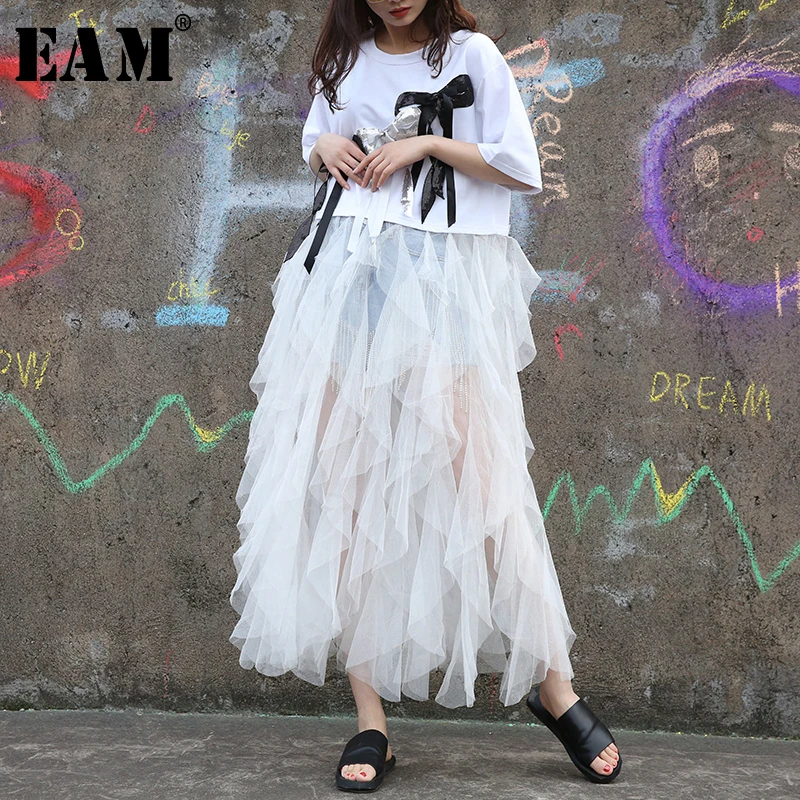 

[EAM] 2019 New Spring Summer Round Neck Short Sleeve Black Hem Mesh Bandage Bow Loose Big Size Dress Women Fashion Tide AE31