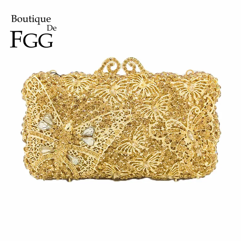 Boutique De FGG золото бриллиант бабочка Minaudiere Для женщин расшитая кристаллами Сумочка