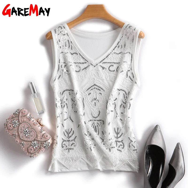 

Sequin Top V Neck for Women Sleeveless White Casual Mesh Tank Top Women Streetwear Sexy Ladies Tank Tops Women Summer 2019