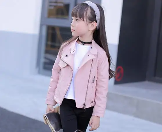 Модная детская одежда; весенние куртки; пальто для девочек; новая куртка; одежда для детей; модная кожаная куртка для девочек; 3 цвета; От 3 до 15 лет - Цвет: Розовый