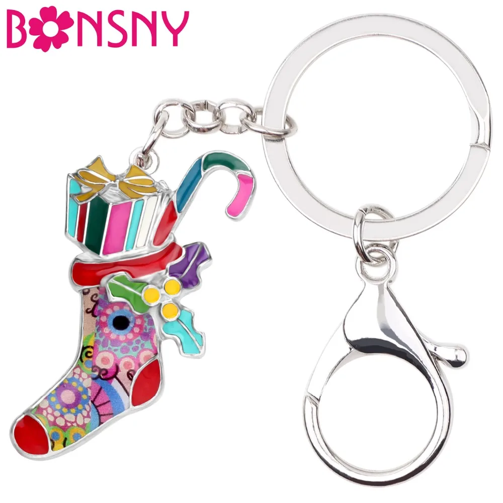 

Bonsny Enamel Metal Christmas Socks Gift Box Key Chains Keychains Navidad Jewelry For Women Girl Teens Bag Charms Pendant Party