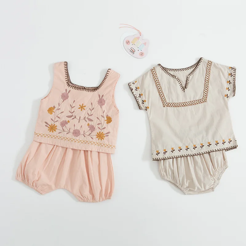 

2019 Summer Baby Embroidered Short Sleeve Tops + Pants Two Piece Cotton Set