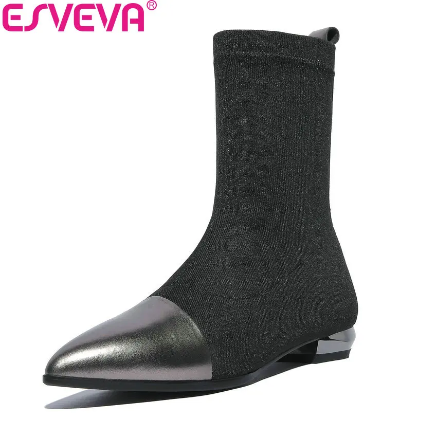 

ESVEVA 2019 Women Boots Square Heels Mid-calf Boots Spring Autumn Shoes Pointed Toe Slip on Low Heels Boots Woman Size 34-42