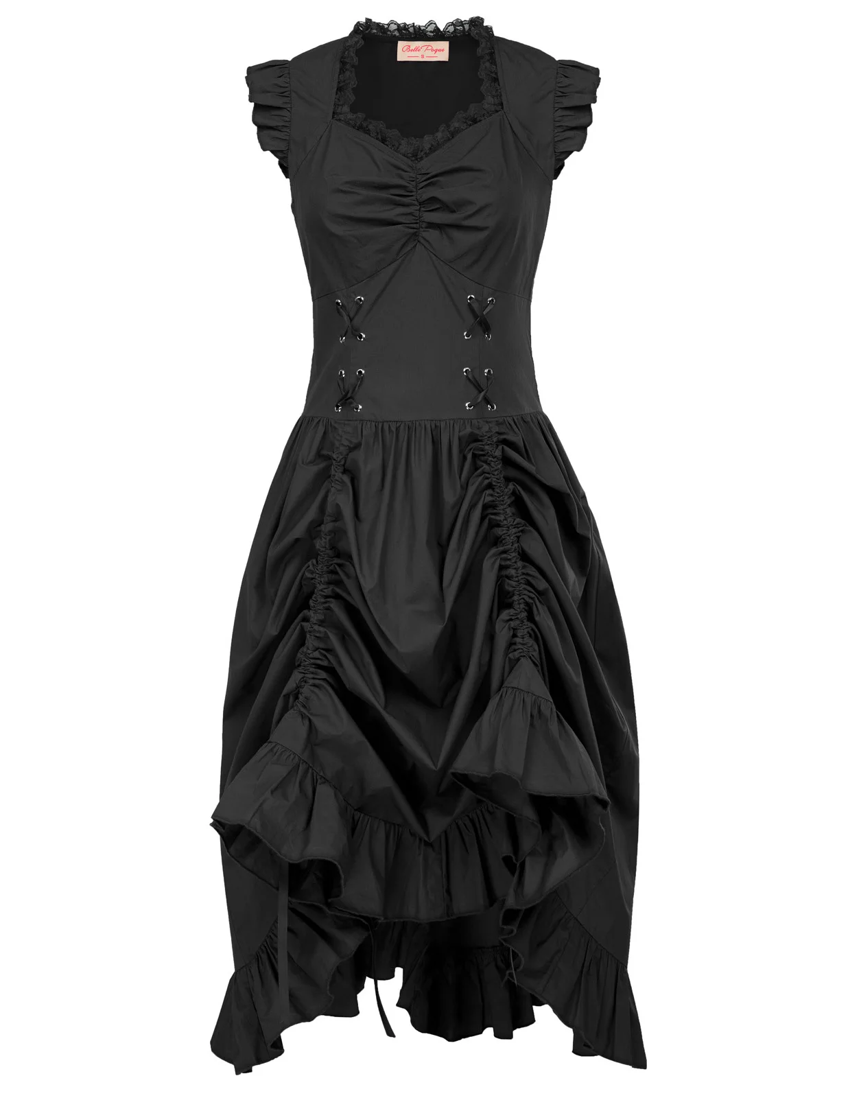 

BP Sleeveless dress women Ruched bodice corset V-Neck pleated lace-up design ruffles Retro Black Gothic Victorian Vintage Dress