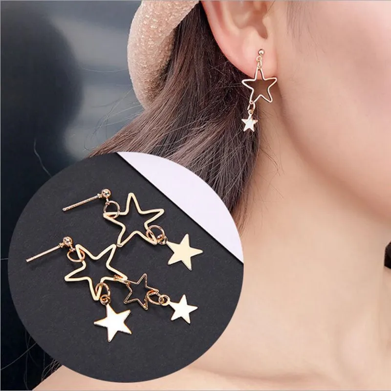 

A Pair Of Simple Cute Style Earrings With Pendant Asymmetric Gold Silver Earrings Stars Jollow Geometric Pendant Earrings