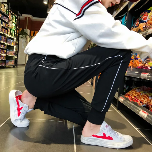A FAN LANG Casual Pants Elastic Female Harem Pants Loose Waist Pants With Stripe Girl's Slacks,woman's Pants Hip Hop Streetwear  1