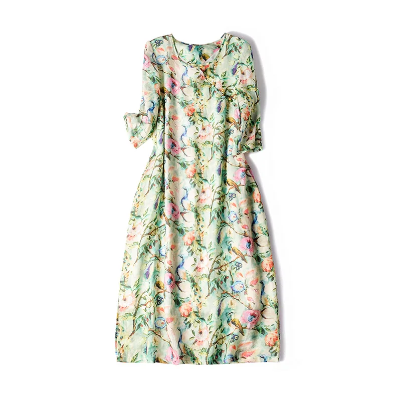 Женское платье льняное винтажное платье с цветочным принтом в китайском стиле Новое весеннее платье для женщин длиной до колена - Цвет: Floral