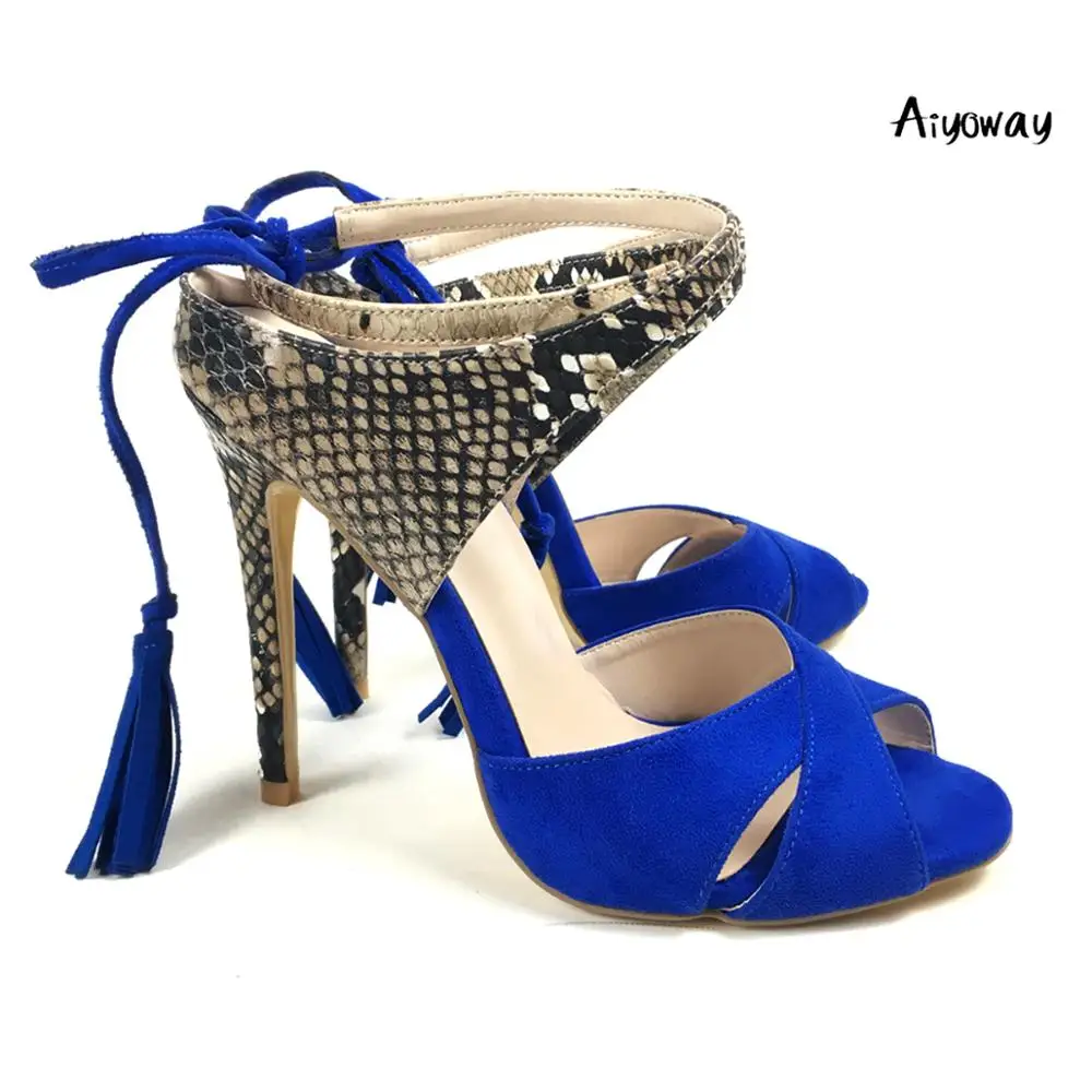 

Aiyoway Women Shoes Spring Summer High Heels Sandals Snakeskin Pattern Ankle Cross Strap Lace Up Blue Tassels 2019