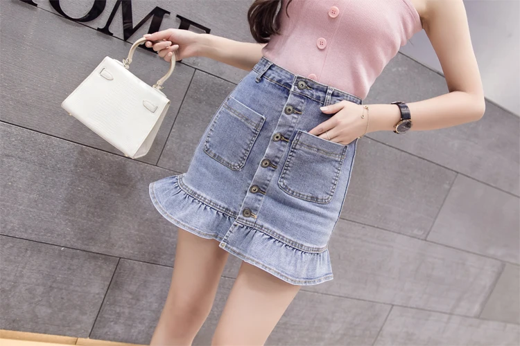 2018 Весна-осень Высокая талия юбка женская джинсовая юбка в Корейском стиле упругое тело выше колена труба джинсовая юбка