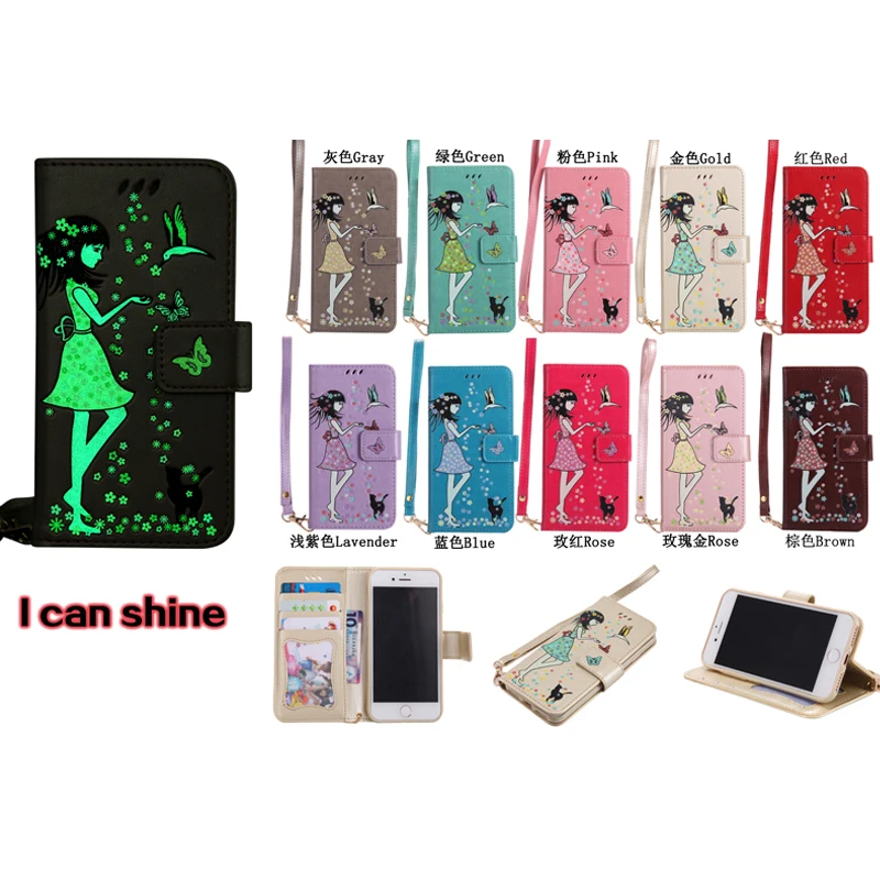 

Luminous Girl Glow in Night Leather Flip Wallet Soft Phone Silicone Case Cover Shell for Apple iPhone 5 5S SE 6 6G 6S 7 8 Plus X