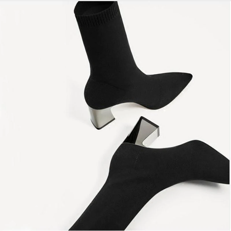 Aneikeh/Модные ботильоны с эластичным носком; женские эластичные ботинки на высоком массивном каблуке; сезон осень; пикантные ботинки с острым носком; женские туфли-лодочки; Цвет Черный