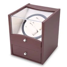 Браун Авто Вращения Смотреть Winder Две Сетки Прозрачная Крышка Кубовидной Формы Наручные Часы Коробка с Выдвижным Ящиком