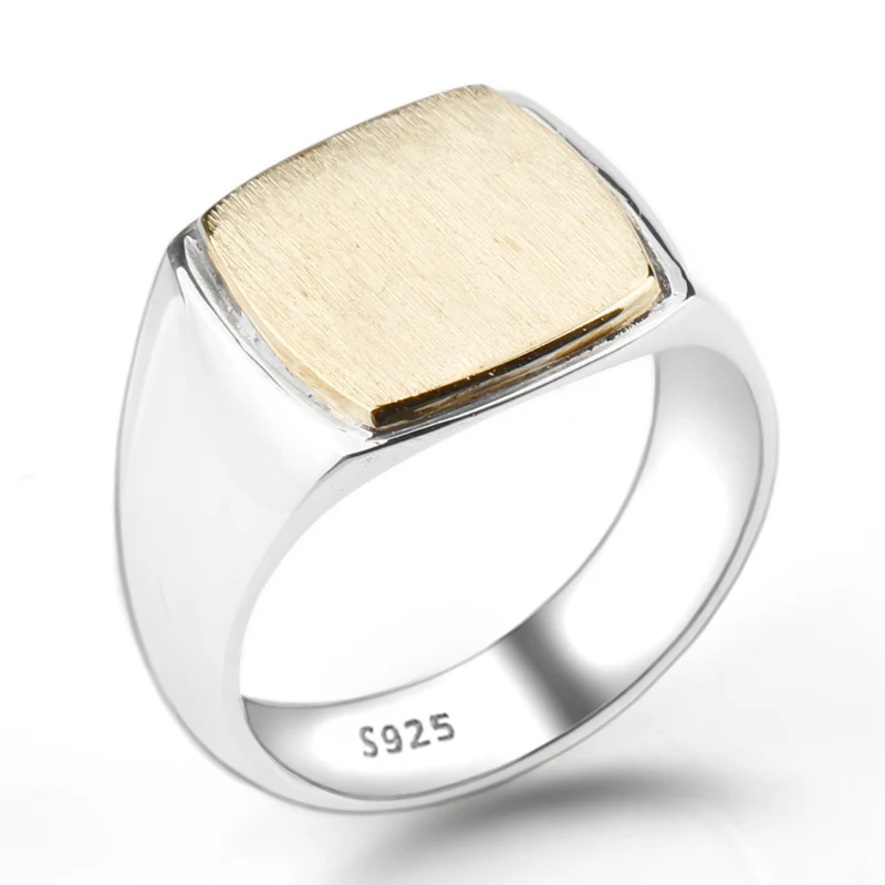 

2018 New 925 Sterling Silver Men Ring Simple Elegant Gold Color Square Plating Brushed Men Wedding Engagement Jewelry