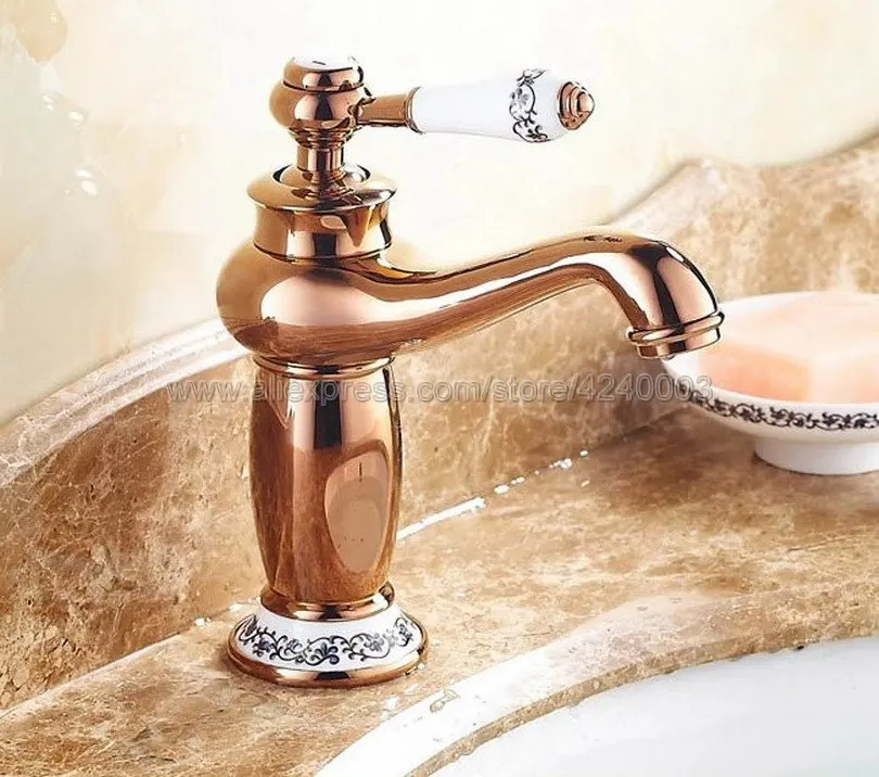 Rose Gold Ceramic Single handle Bathroom Basin Faucet Brass Vessel Sink Water Tap Mixer Knf502