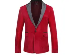 Men's Autumn Winter Velvet Wine Red Fashion Leisure Suit Jacket Wedding Groom Singer Slim Fit Blazer