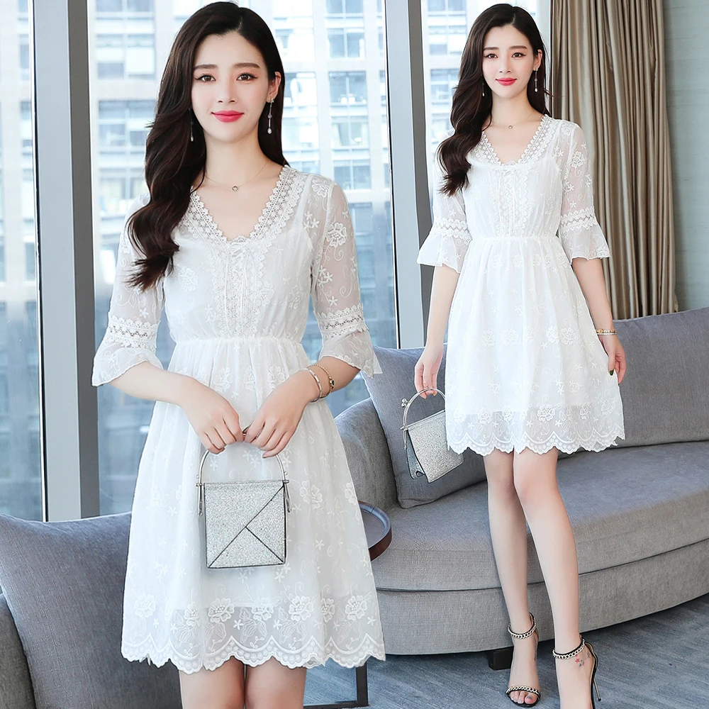 

Summer Women Lace Casual School Dress White Elegant Hollow Korean Cute Midi Beach Short Dress Girl Vintage Runway Vestidos New