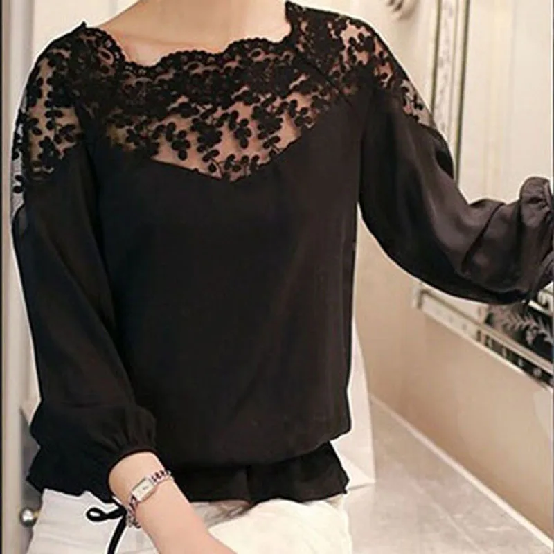 Women 3/4 Sleeve Lace Hollow Collar Chiffon Blouse