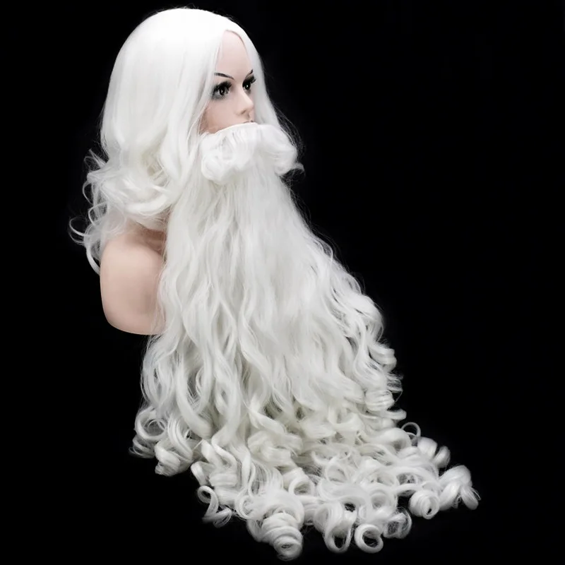 Рождественский косплей парик Борода Санта Клаус Косплей парик белый кудрявый Длинные Синтетические волосы парики для взрослых+ парик колпачок