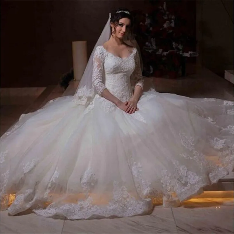 Мусульманские свадебные платья с рукавами 3/4 Vestido De Noiva бальное платье v-образным