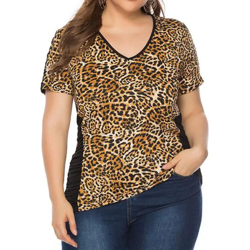 

Summer Large Size Women's V-neck Leopard-print Short-sleeved T-shirt Wrinkle Striped Patchwork Plus Size Slim Tee Shirts Femme