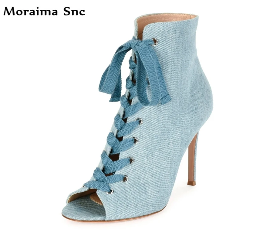 

Moraima Snc fashion ladies Solid cowboy color sandals concise type peep toe Ankle lace-up cover heel stilettos party shoes