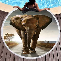 Adults Beach Cover Up Yoga Blanket Elephant Print 150cm Round Microfiber Beach Tassel Towel Bath Shawl Thick Picnic Mat Tapestry