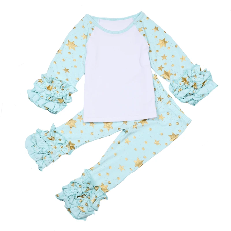 

Snow and Star printed Baby Girls Cotton Monogrammed Ruffle Long Sleeved Shirts with ruffle Raglan pants outfit set
