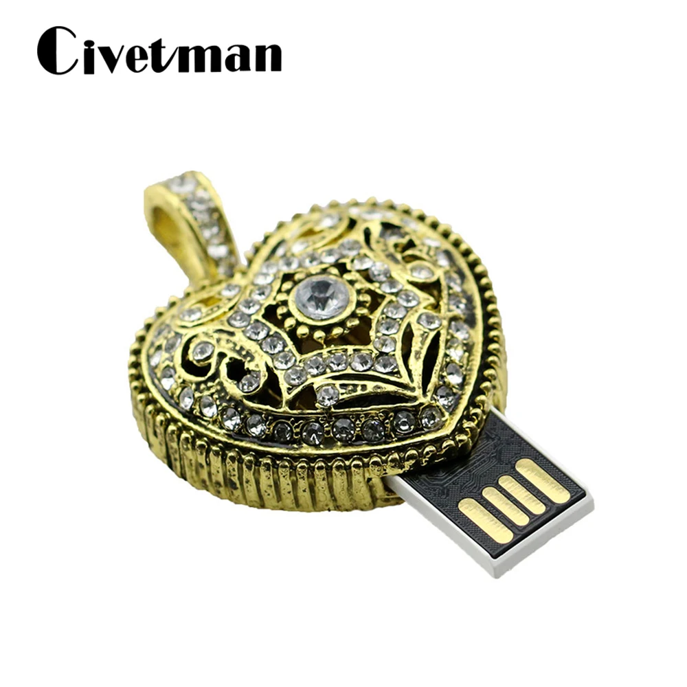 

Crystal USB Flash Drive Bronze Heart 8GB 16GB 32GB 64GB 128GB USB Flash Memory Disk Metal Pen Drive Necklace USB 2.0 Flash Drive