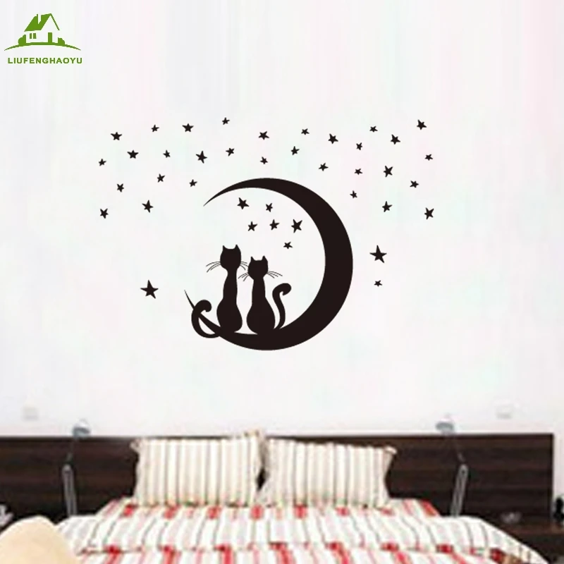 Gato de dibujos animados luna Pegatinas de Vinilo de Pared Para Niños