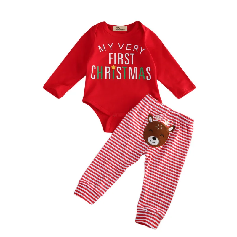 

Newborn Baby Boys Girls Infant Christmas Clothes Cotton Deer Letter Print Striped Romper Long Pants 2Pcs Kids Xmas Clothing Sets