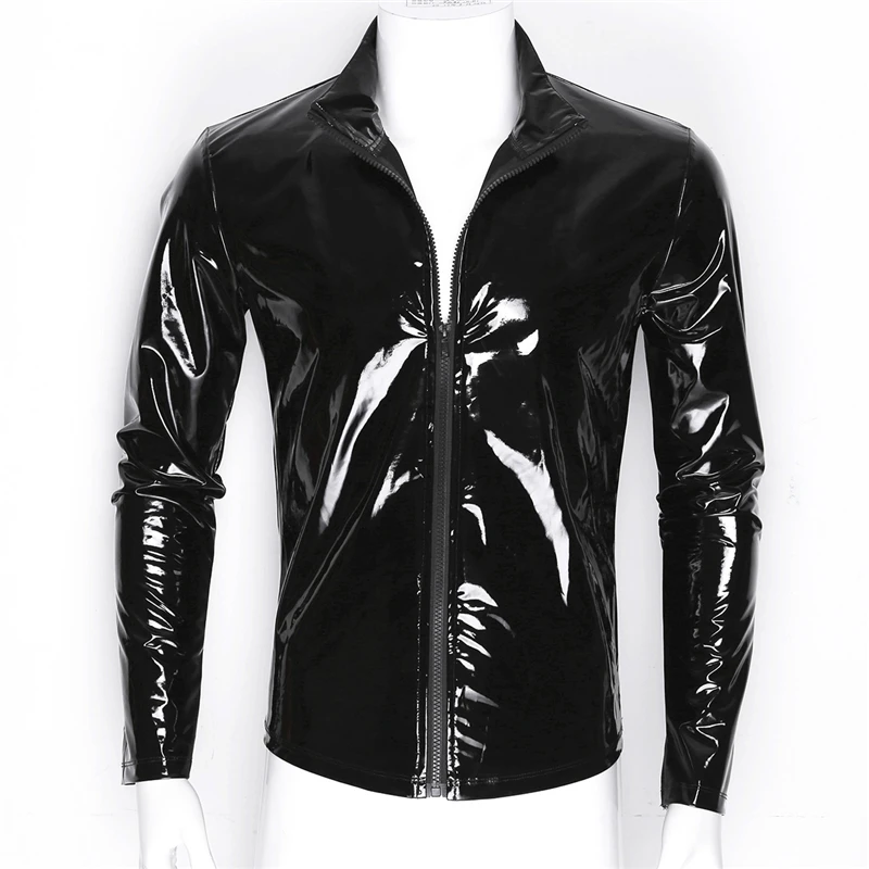 YiZYiF Men Shiny Metallic Front-Zip Stand Collar Tops Wet Look Sexy Patent Leather Nightclub Style Long Sleeve Tops For Men motorcycle leather jackets