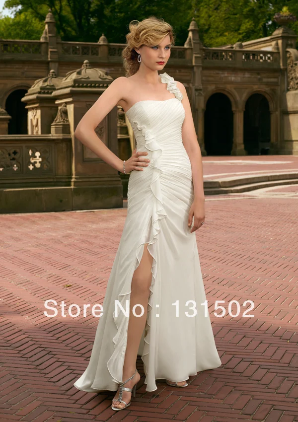 Promotion Cheap Popular Sheath One Shoulder Long Chiffon Pleats Beaded Crystle Split White Prom gowns |