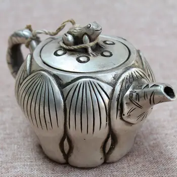 

Old China White Brass Carving Lotus Frog Wine pot Teapot Statue
