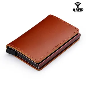 RFID Blocking 100% Genuine Leather Credit Card Holder Aluminum Metal Business ID Cardholder Slim Card Case Mini Wallet For Men