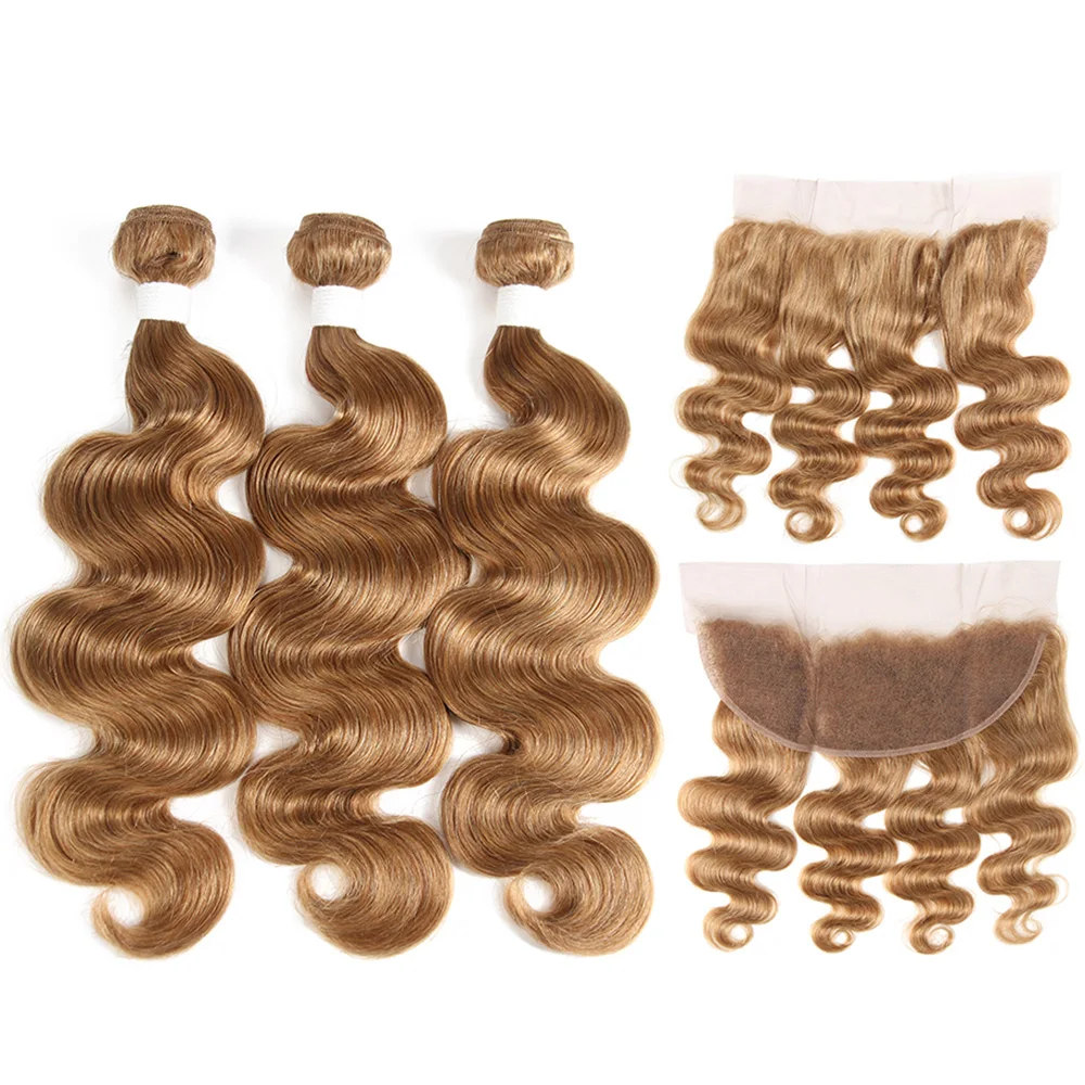 Мёд блондин человеческие волосы Комплект s с фронтальной SOKU бразильские волнистые волосы, для придания объема, пряди натуральных волос Комплект 3/4 шт. Non-Волосы remy удлинитель