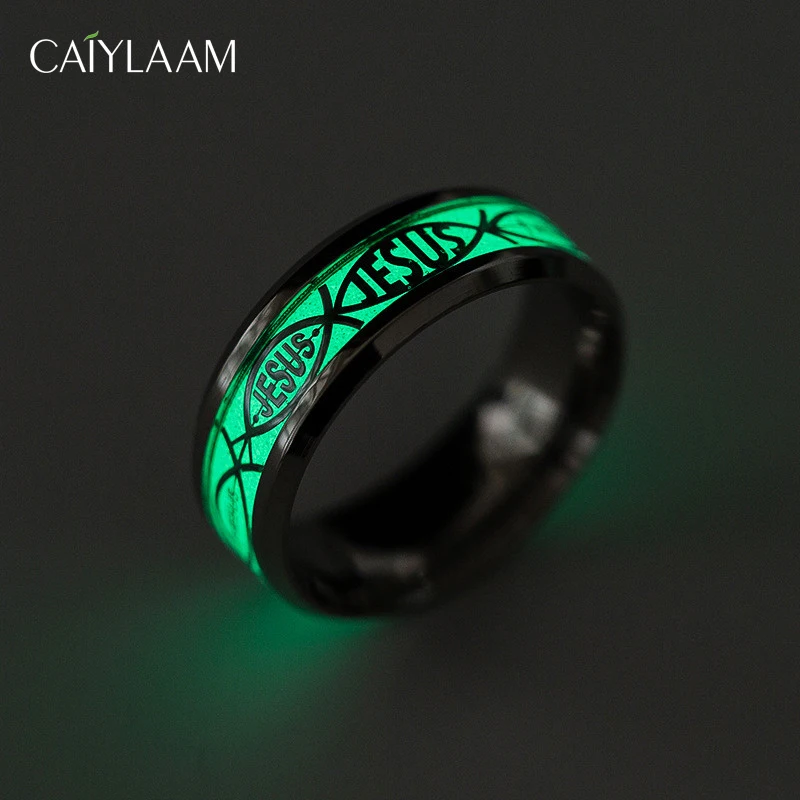 

CAIYLAAM Fashion Luminous Stone Rings for Women Christian Jesus Rings Metal Titanium Steel for Male Jewelry Accessories
