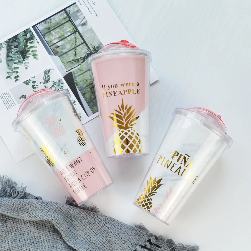 

Creative Mugs Plastic Water Bottle Pink Pineapple Pattern Straw Travel Pop Up Portable Tea Milk Cup Drinkware Gifts 420ML