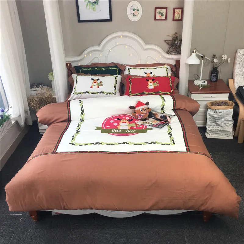 

Egyptian Cotton stain Luxury Christmas elk embroidery Bedding Set 4Pcs King Queen Size Bed Sheet set Duvet cover Pillowcases