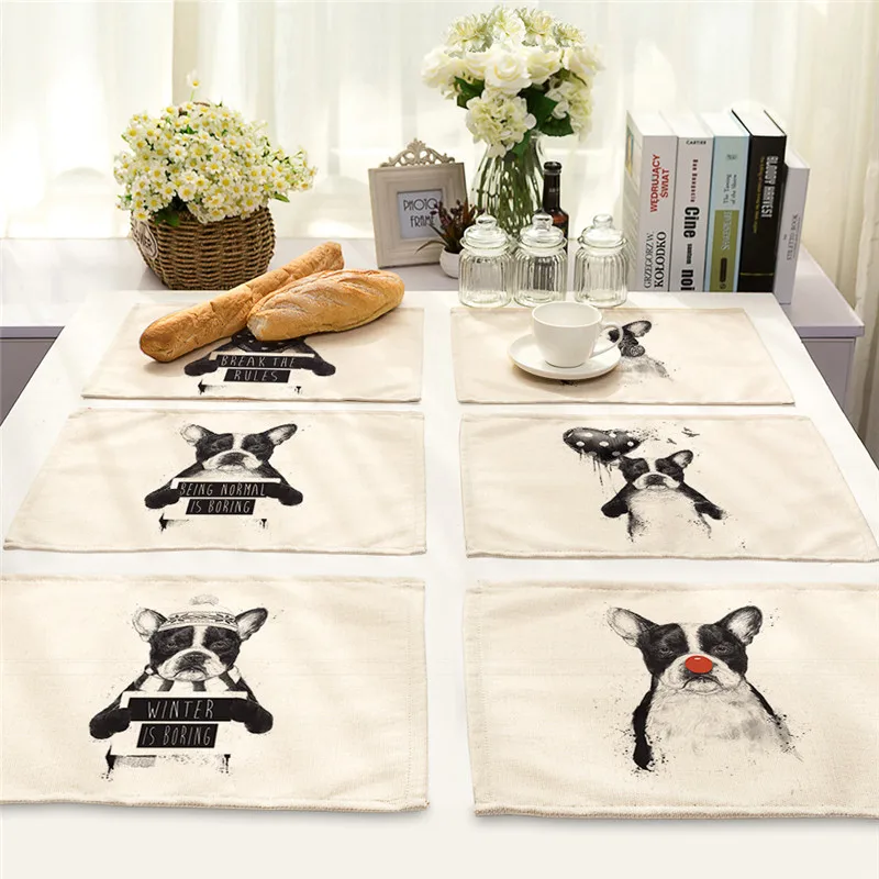 

Dog French Bulldog Pattern Placemat Dining Table Mat Cotton Linen Pad Drink Coaster Cup Mat 42*32cm Kitchen Accessories MA0084